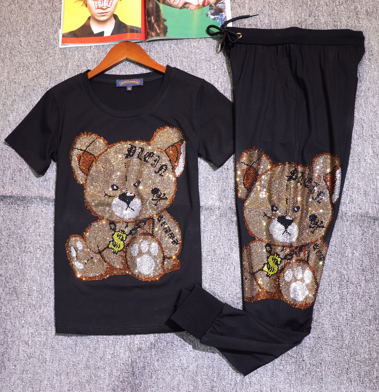 Round Neck Short-sleeved T-shirt Cartoon Bear Hot Drilling Casual Trousers Half-sleeved Men And Women