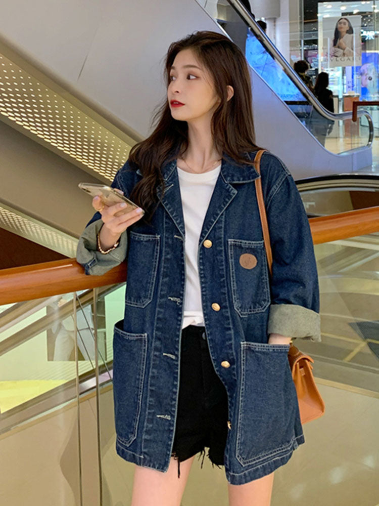 Denim Coat Women\'s Spring And Autumn Korean Loose Lapel cardigan Medium Length Long Sleeve Top