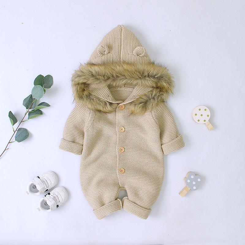 Children's Hooded Fur Collar Knitted Jumpsuit