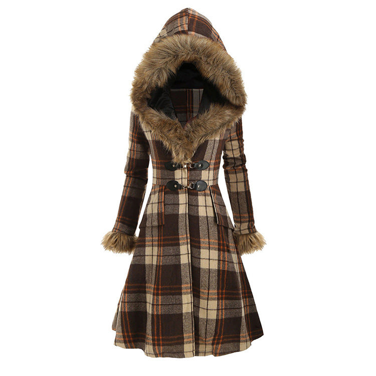 Plaid fur collar coat