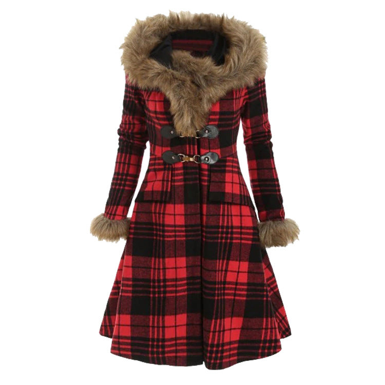 Plaid fur collar coat