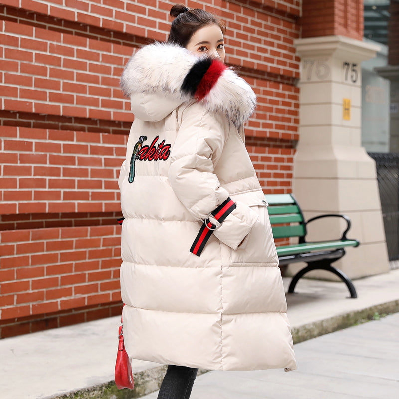 Large fur collar mid-length down jacket