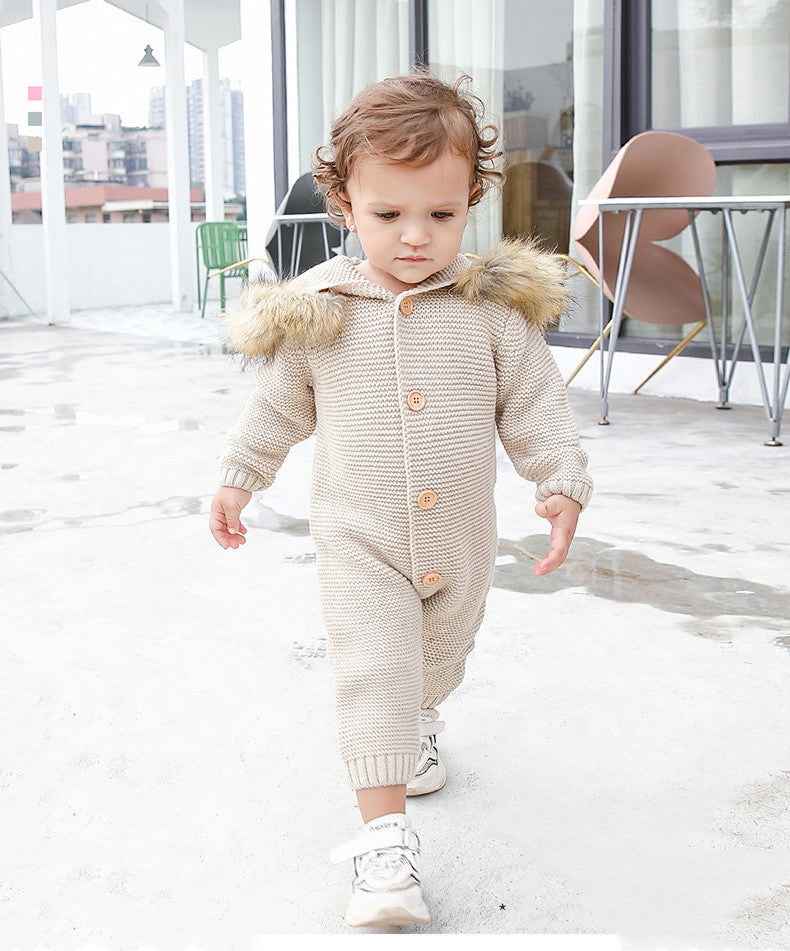 Children's Hooded Fur Collar Knitted Jumpsuit