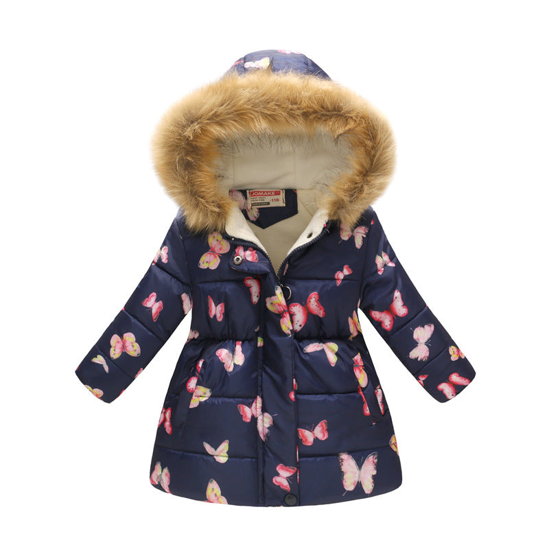 Children's long fur collar hooded cotton jacket