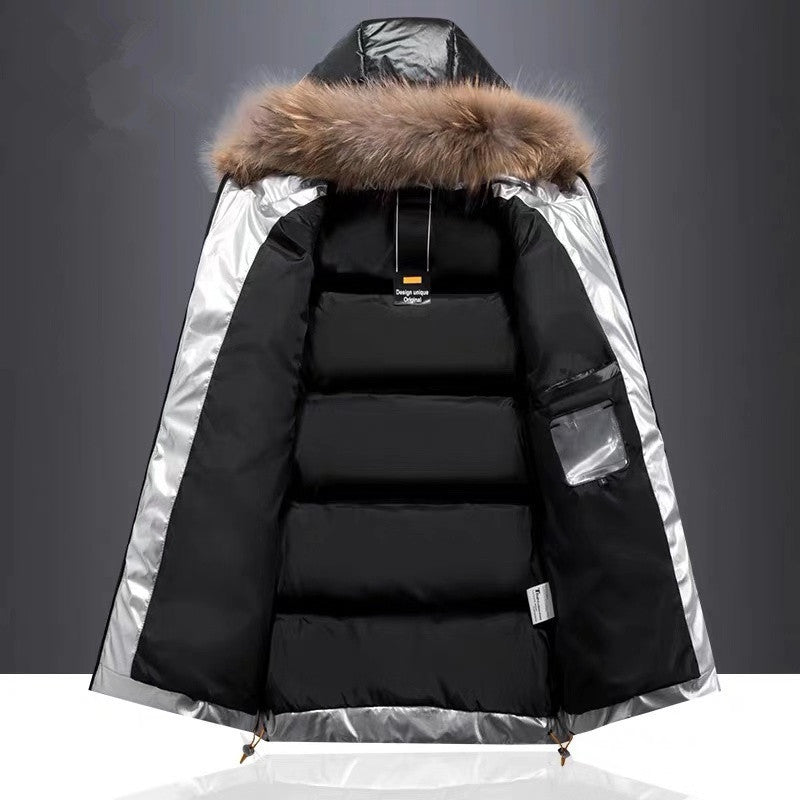 Large fur collar cotton-padded jacket men's hooded padded warm down padded jacket