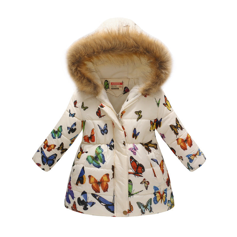 Children's long fur collar hooded cotton jacket