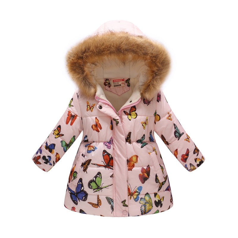 Children's long fur collar hooded cotton jacket