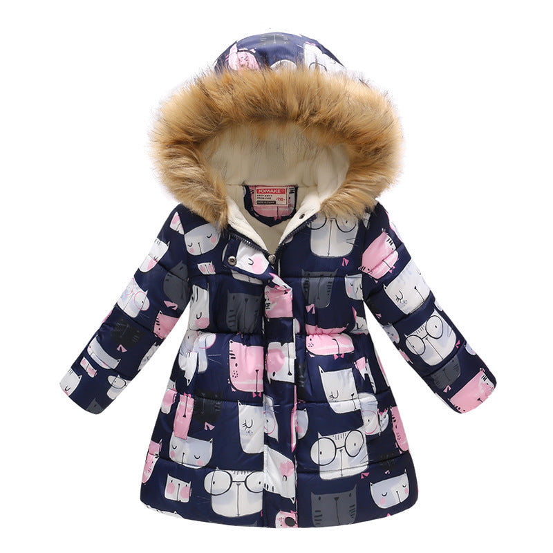 Children's long fur collar hooded cotton jacket