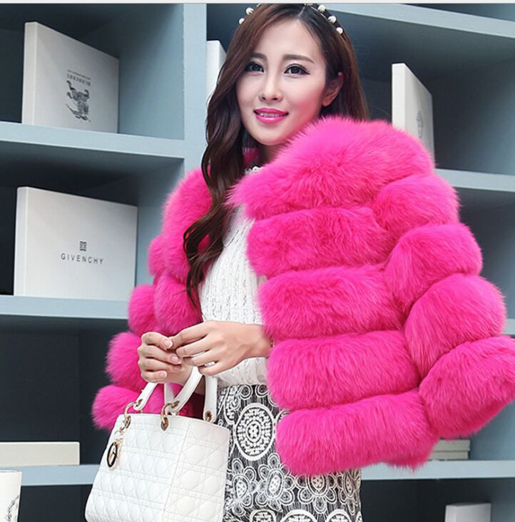 Slim short faux fox fur coat