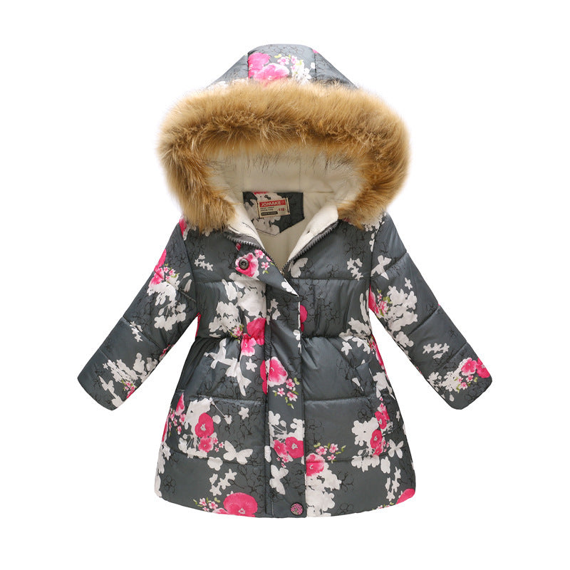 Children's long fur collar hooded cotton jacket