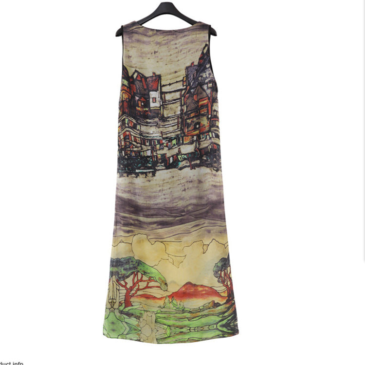 Summer New Female Chiffon Dress Retro House Pattern Sleeveless Split Beach Long Skirt