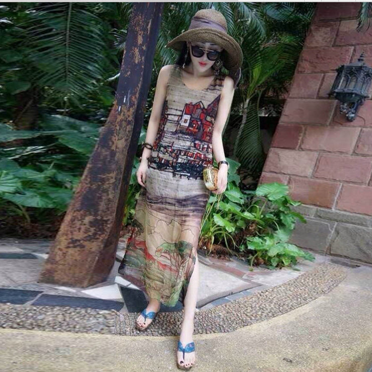 Summer New Female Chiffon Dress Retro House Pattern Sleeveless Split Beach Long Skirt