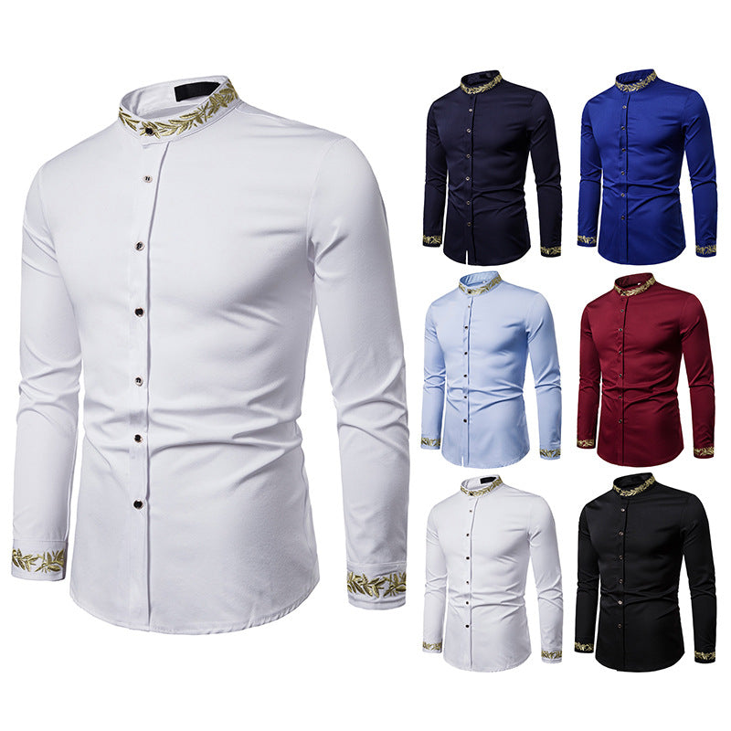 Gold Embroidery White Shirt Men Brand New Stand Collar Mens Dress