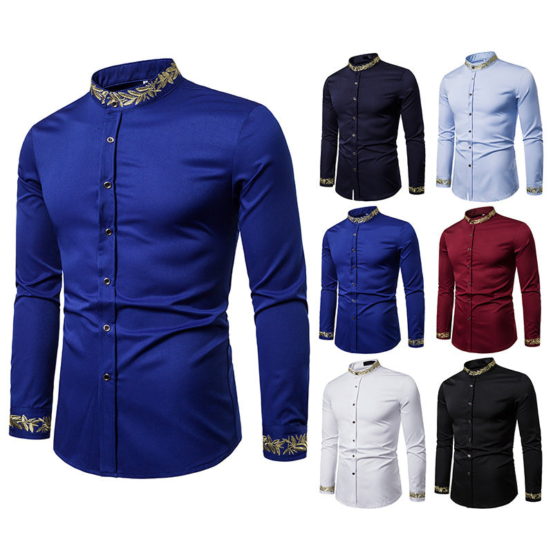 Gold Embroidery White Shirt Men Brand New Stand Collar Mens Dress