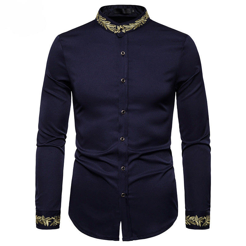 Gold Embroidery White Shirt Men Brand New Stand Collar Mens Dress