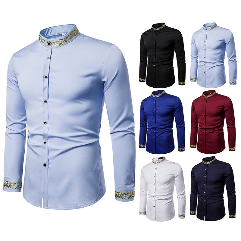 Gold Embroidery White Shirt Men Brand New Stand Collar Mens Dress