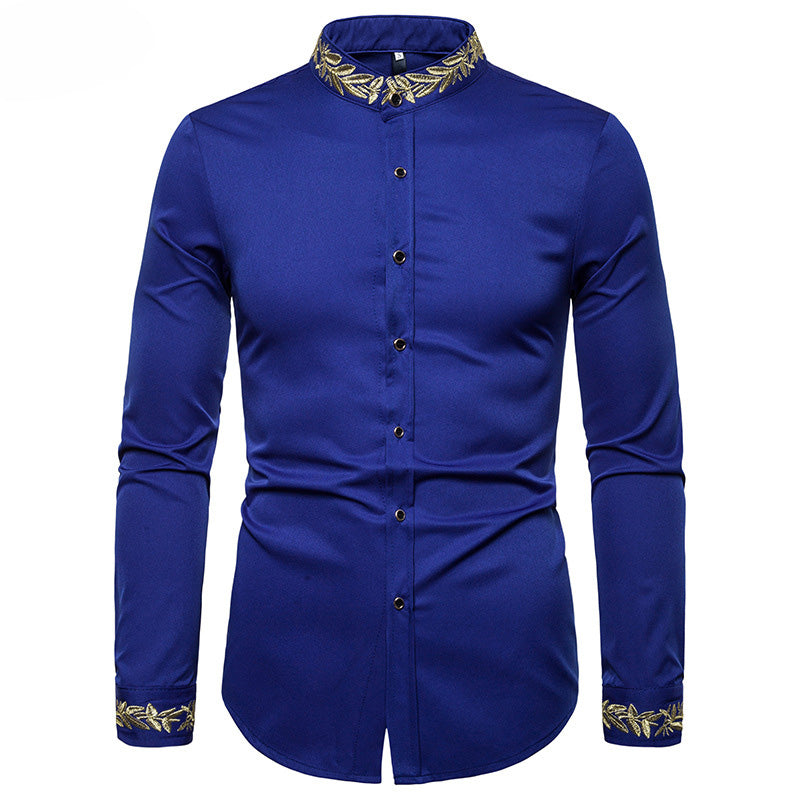 Gold Embroidery White Shirt Men Brand New Stand Collar Mens Dress