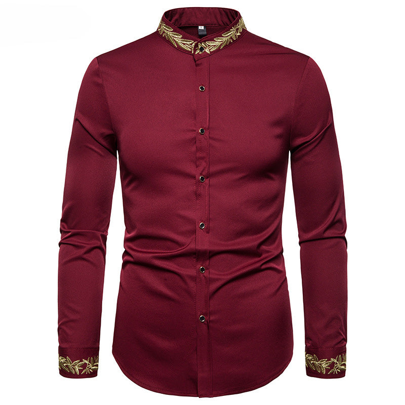 Gold Embroidery White Shirt Men Brand New Stand Collar Mens Dress