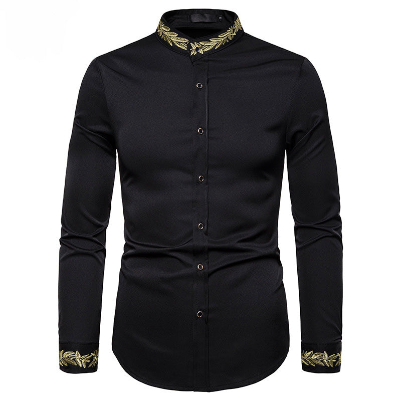 Gold Embroidery White Shirt Men Brand New Stand Collar Mens Dress