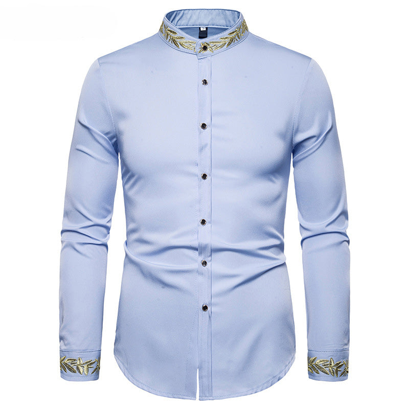 Gold Embroidery White Shirt Men Brand New Stand Collar Mens Dress