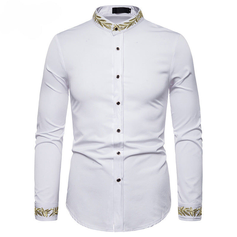 Gold Embroidery White Shirt Men Brand New Stand Collar Mens Dress