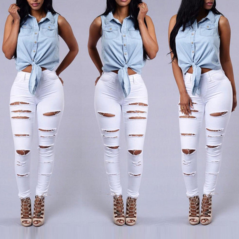 Women Casual Hole Jeans High Waist Skinny Pant Pencil Jeans Ripped Sexy Female Girls Trousers Denim Jeans