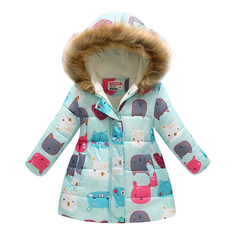 Children's long fur collar hooded cotton jacket