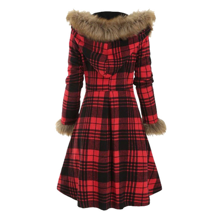 Plaid fur collar coat