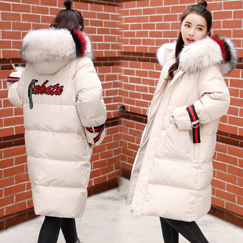 Large fur collar mid-length down jacket