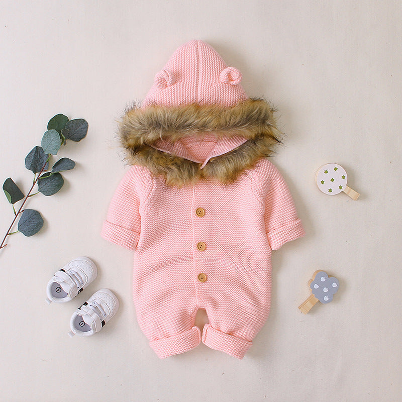 Children's Hooded Fur Collar Knitted Jumpsuit