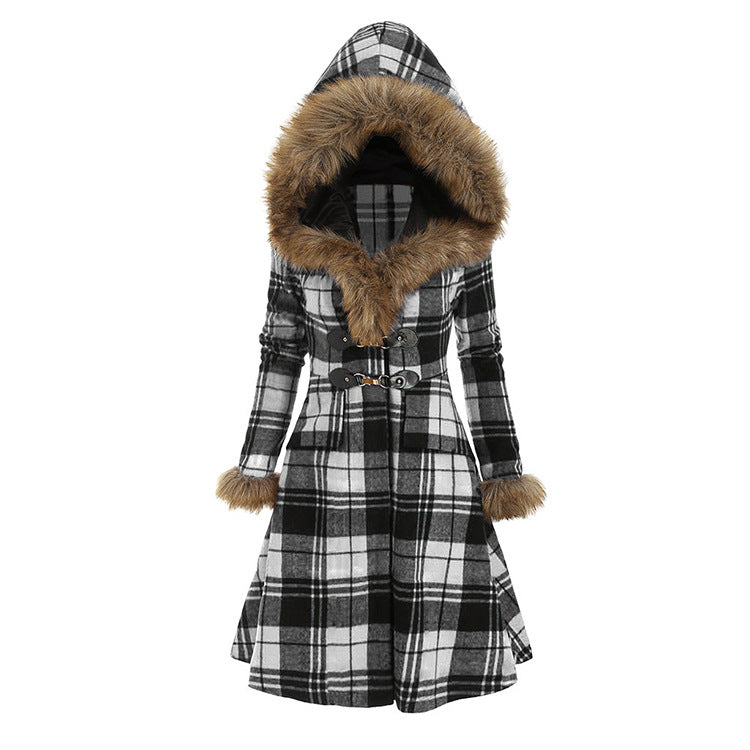 Plaid fur collar coat