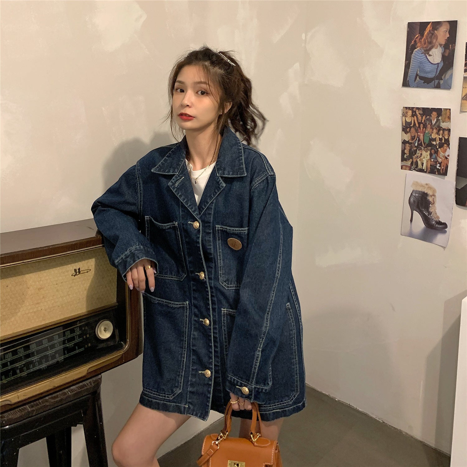 Denim Coat Women\'s Spring And Autumn Korean Loose Lapel cardigan Medium Length Long Sleeve Top