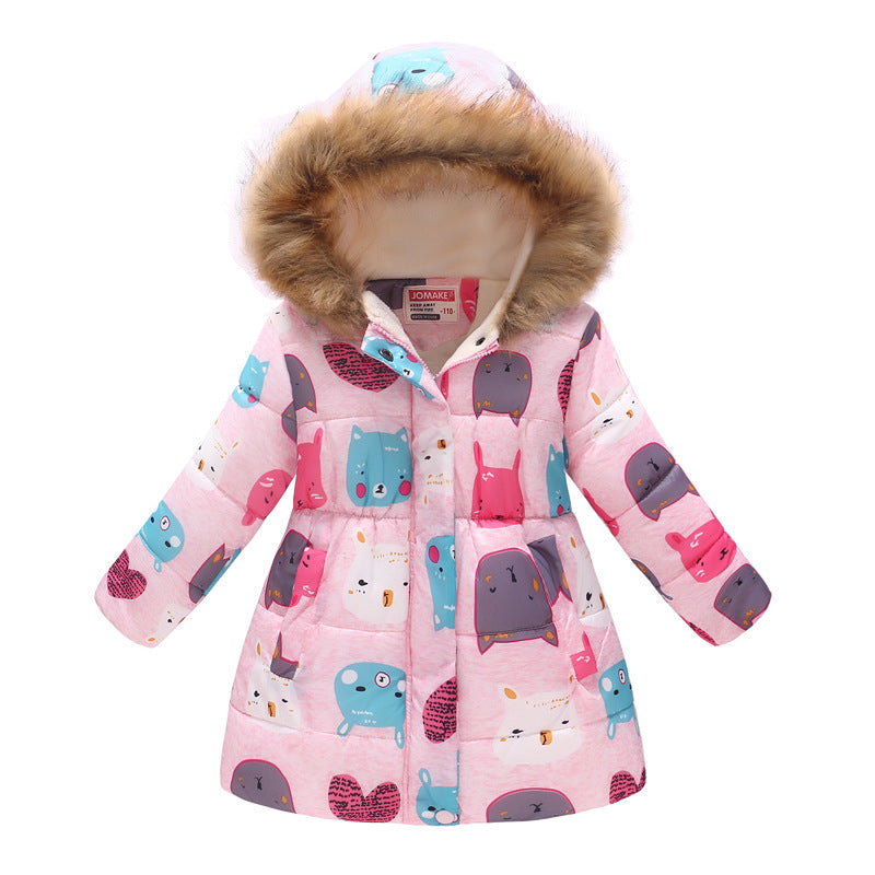 Children's long fur collar hooded cotton jacket