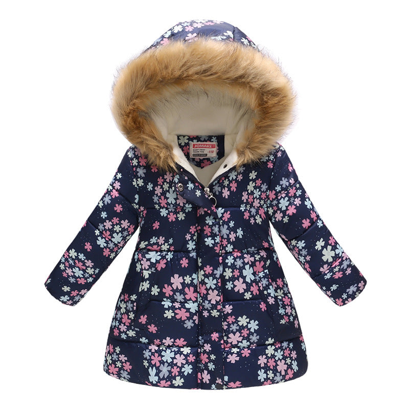 Children's long fur collar hooded cotton jacket