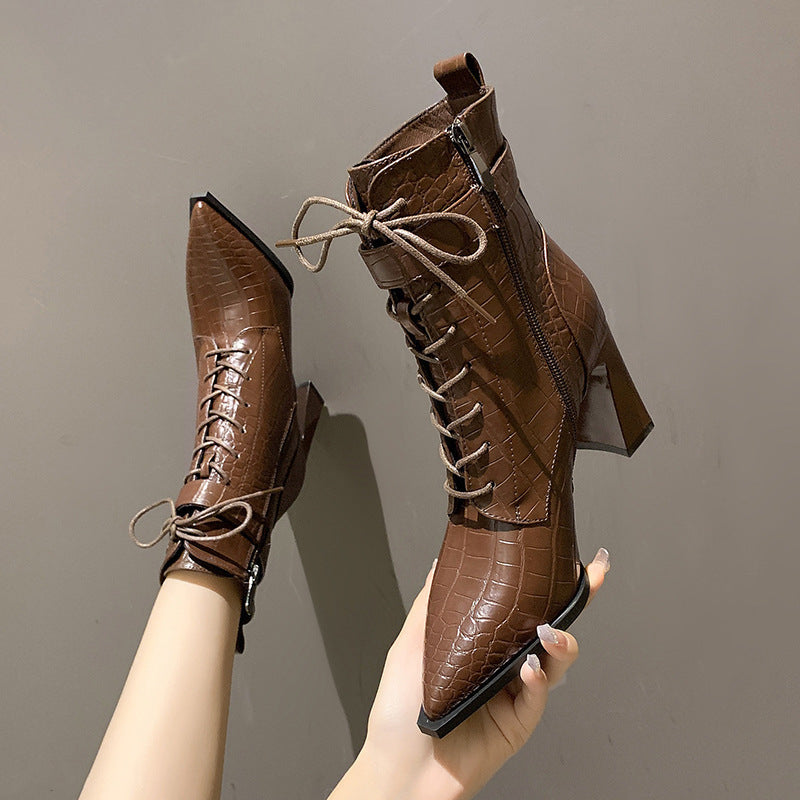 Pointed-toe Boots Winter Alligator Pattern Lace-up Shoes Women