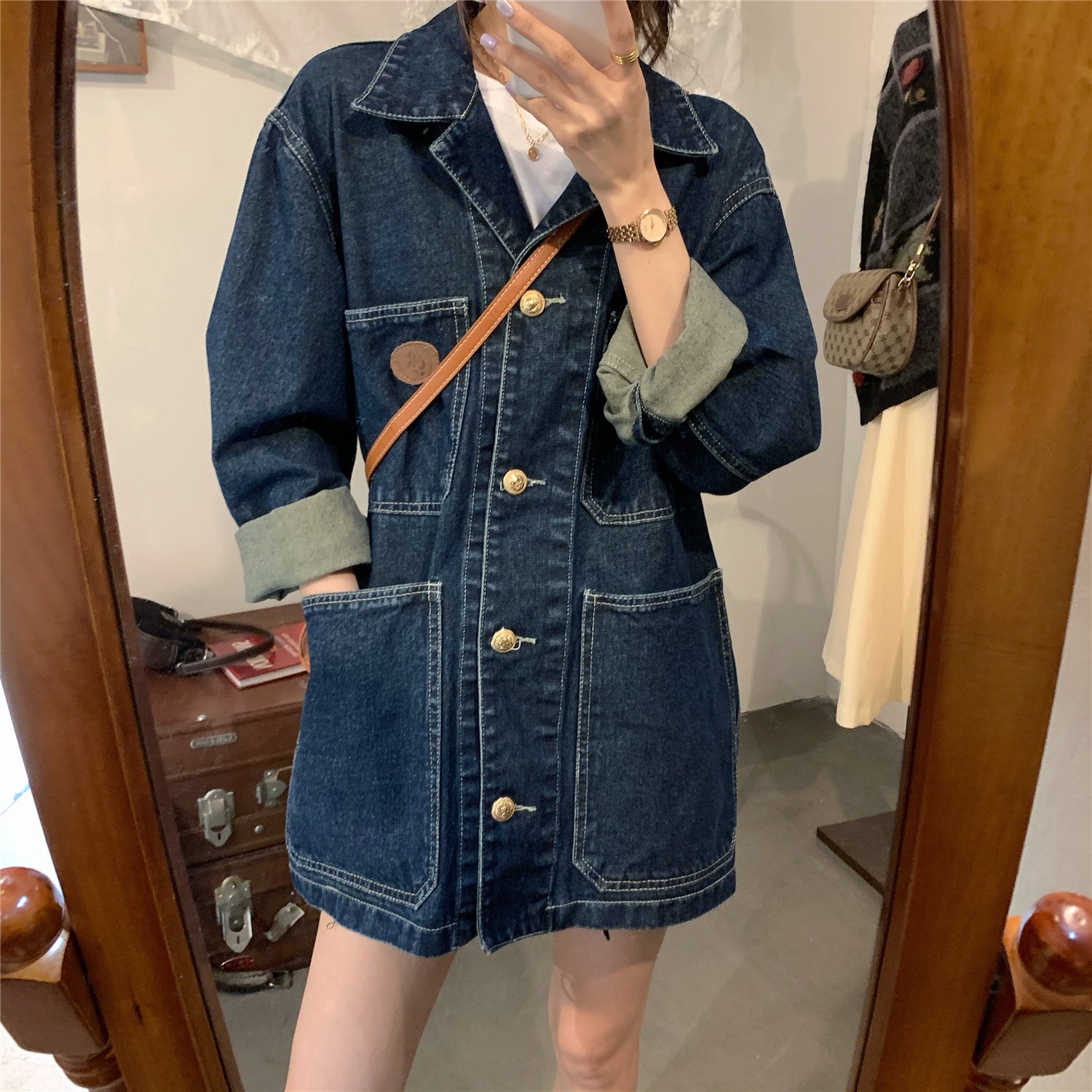 Denim Coat Women\'s Spring And Autumn Korean Loose Lapel cardigan Medium Length Long Sleeve Top