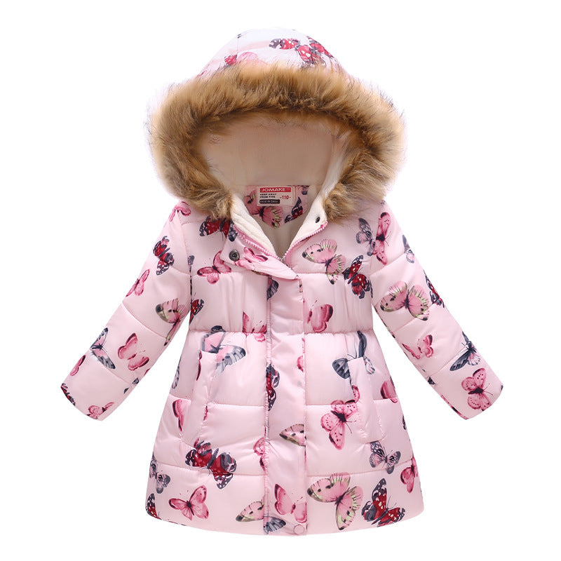 Children's long fur collar hooded cotton jacket