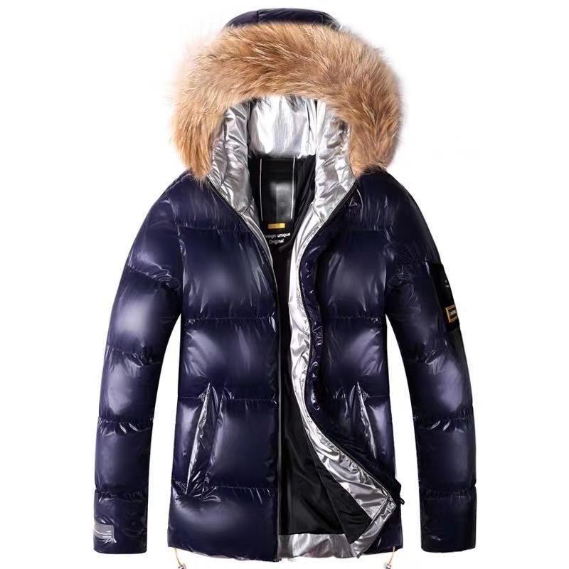 Large fur collar cotton-padded jacket men's hooded padded warm down padded jacket