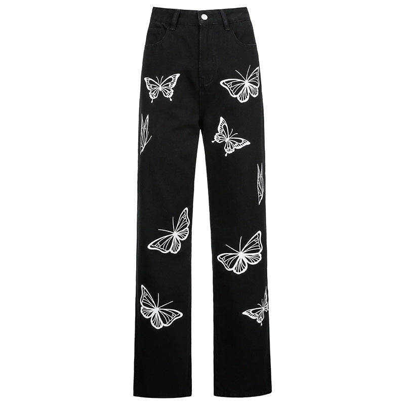 Women's New Fashion Butterfly Print High-Waisted Straight-Leg Jeans