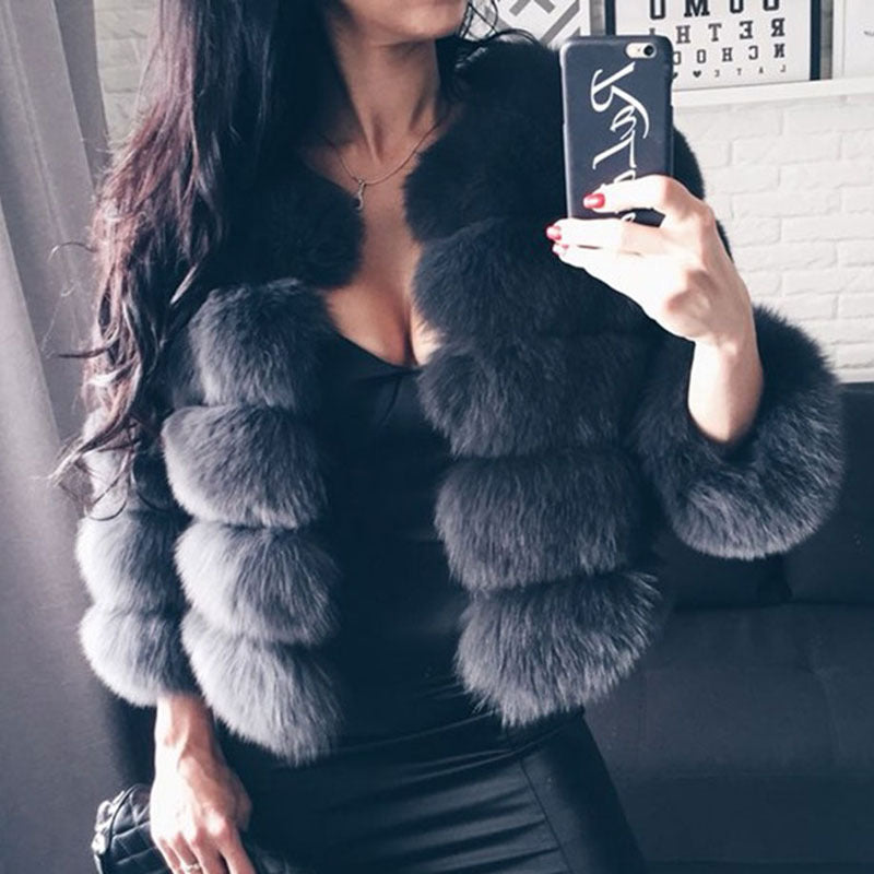 Slim short faux fox fur coat