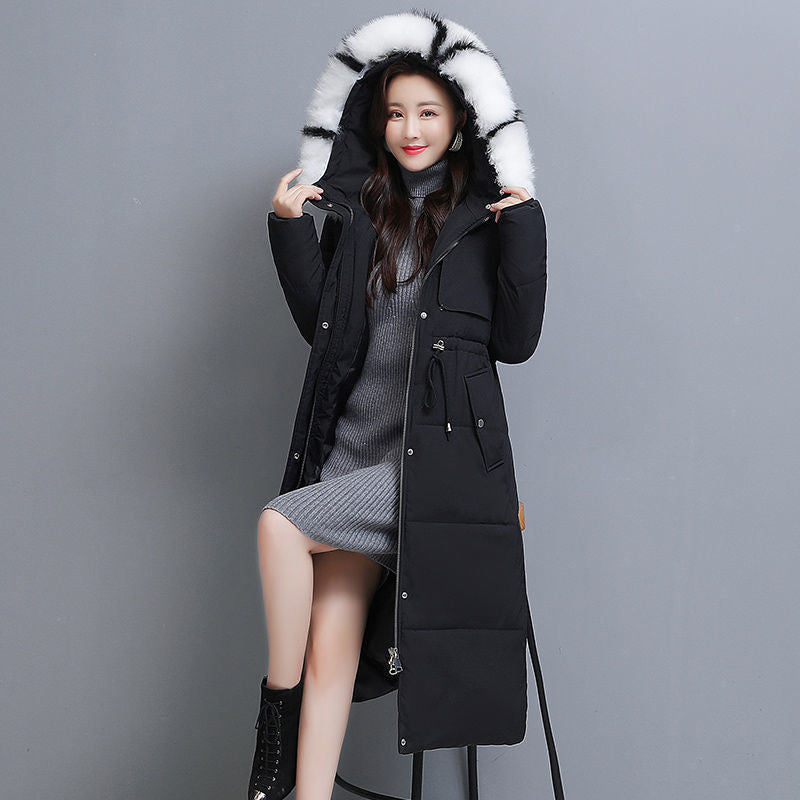 Waist-in-the-waist All-match Thickening Fashion Big Fur Collar Padded Jacket Women