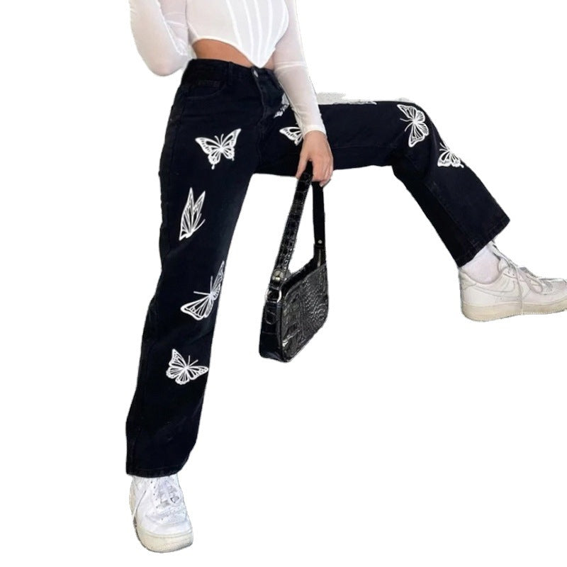 Women's New Fashion Butterfly Print High-Waisted Straight-Leg Jeans