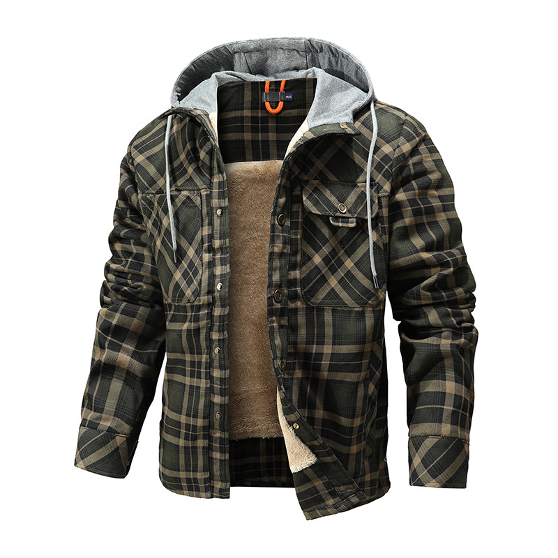 Men Warm Jacket Fleece Lining Lumberjack Plaid Hooded Jackets Snap Button