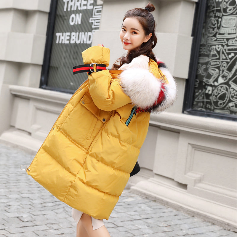 Large fur collar mid-length down jacket