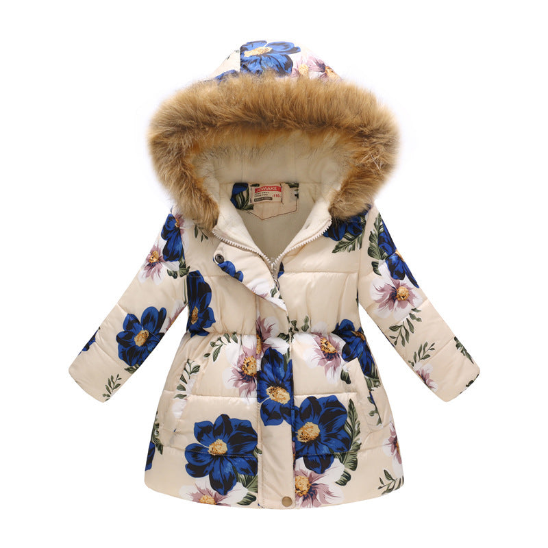 Children's long fur collar hooded cotton jacket