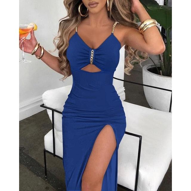 V-Neck Chain Décor Cutout High Slit Dress