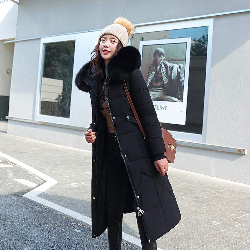 Long fur collar hooded coat