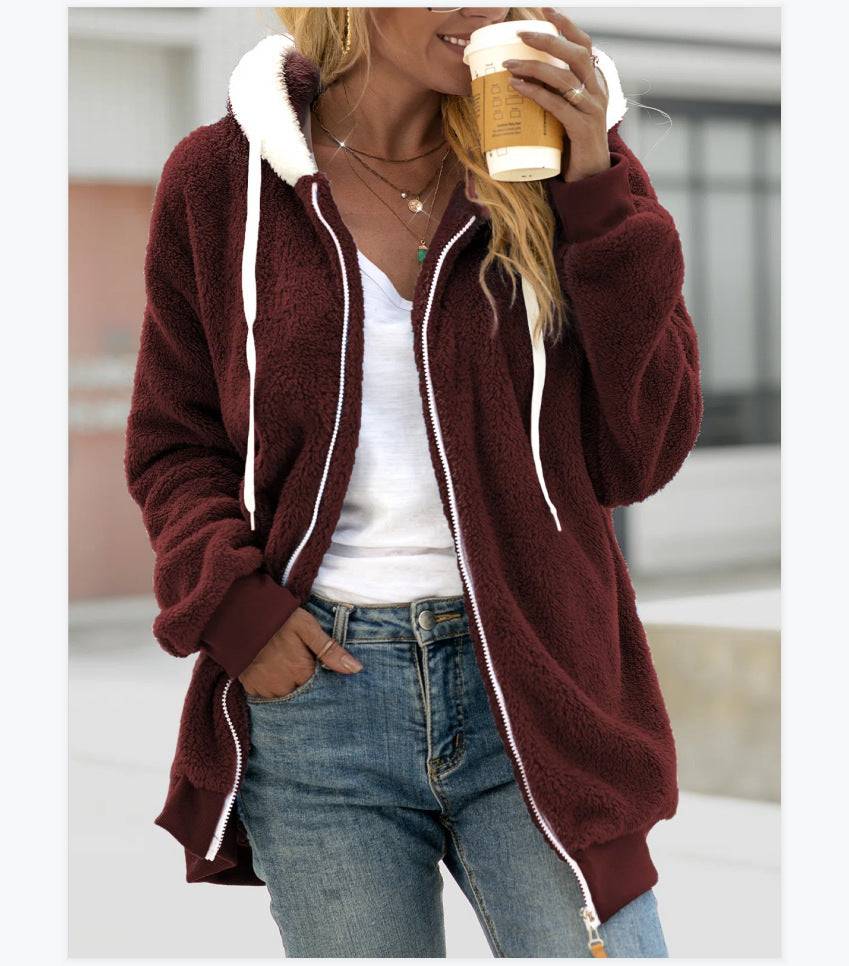 New Autumn And Winter Loose Plush Zipper Hooded Jacket Women