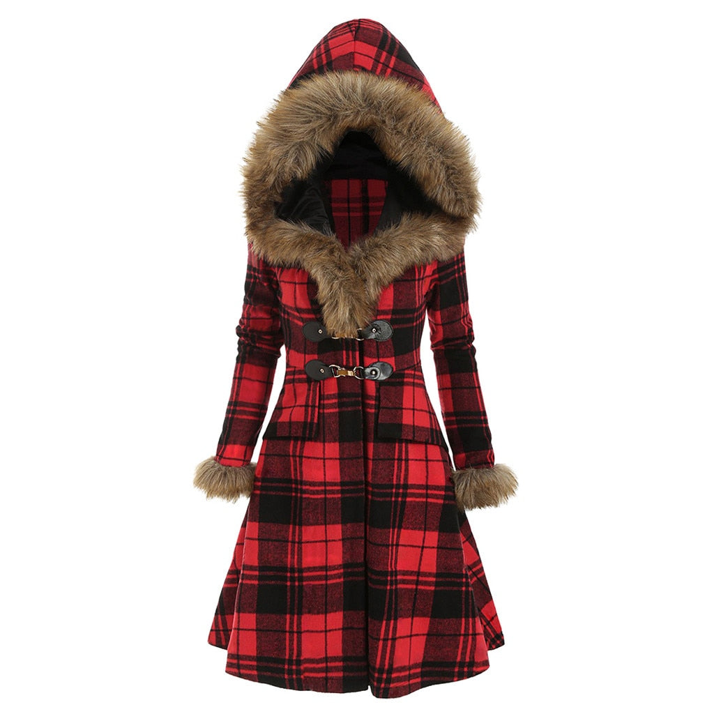 Plaid fur collar coat