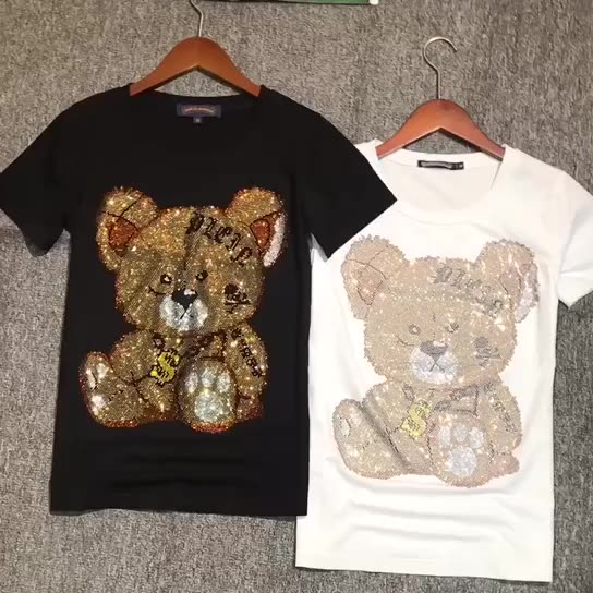 Round Neck Short-sleeved T-shirt Cartoon Bear Hot Drilling Casual Trousers Half-sleeved Men And Women